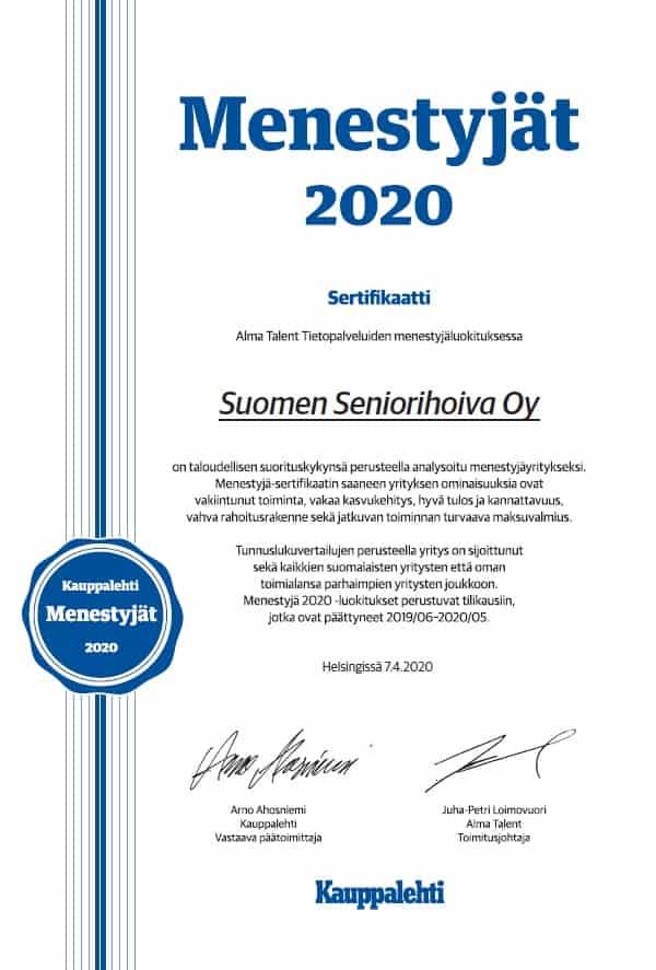 Suomen Seniorihoiva Oy - Menestyjä 2020